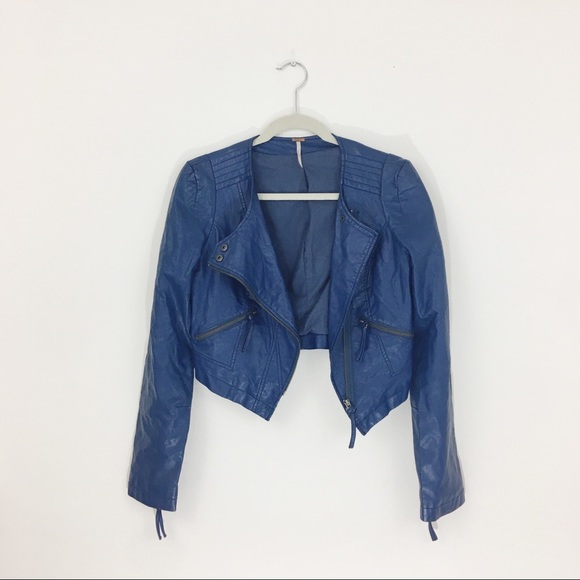 Free People Jackets & Blazers - Free People Blue Cropped Moto Jacket Sz 4